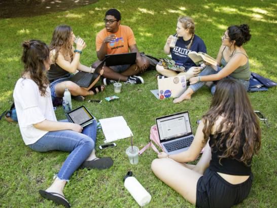 The image shows a group of six students sitting in a circle on a grassy lawn, engaging in a discussion or study session. They have laptops, notebooks, and drinks with them. One student is holding a book, and another is using a tablet. The group includes both male and female students, all casually dressed and appearing relaxed. The setting is outdoors, with sunlight casting shadows, suggesting a pleasant, collaborative atmosphere.