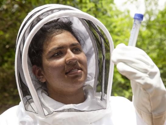 St. Edward's student Priyanka Ranchod wears a bee suit as she holds a plastic vial that contains a bee.