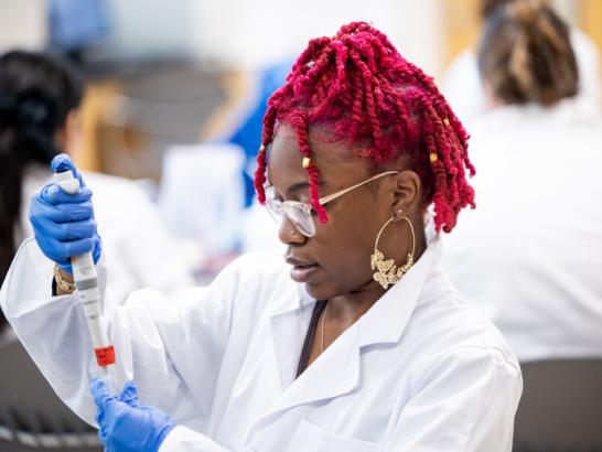 A St. Edward's student working in a microbiology lab