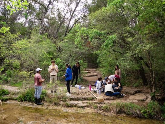 A class conducts research in a creek at Wild Basin.