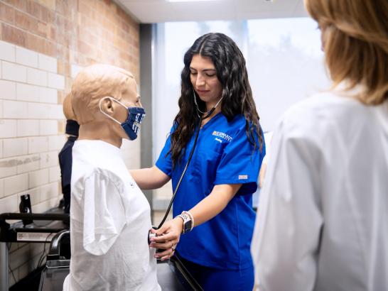 A student takes the simulated heart rate of a manikin under the guidance of a professor