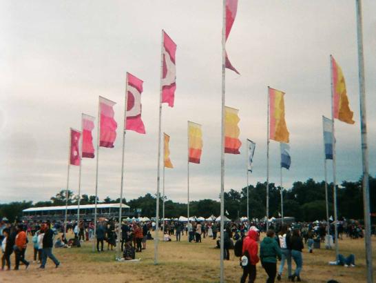 Rows of pink and yellow flags over a crowd of people