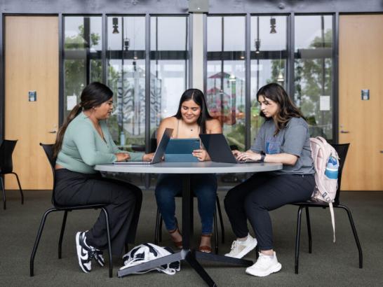 Students working on their laptops in the Munday Library.