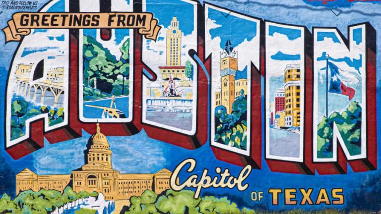 Greetings from Austin postcard mural.