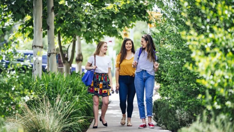 Three students walk down a lush green path on South Congress.