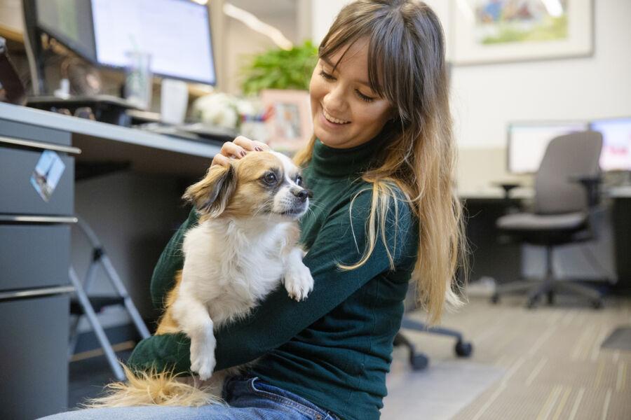 The image shows a young woman with long, light brown hair, wearing a dark green long-sleeve shirt and jeans, sitting on the floor of an office. She is holding a small dog with light brown and white fur, smiling warmly at the pet. The office environment features desks with computer monitors, chairs, and office supplies in the background. The scene conveys a sense of warmth and friendliness, highlighting the bond between the woman and her dog.