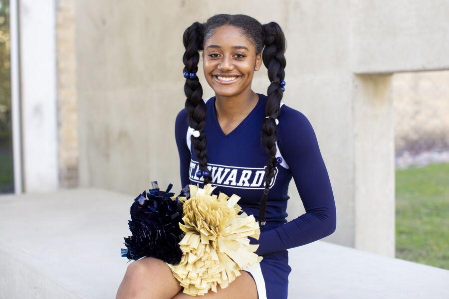 Sierra Sweeney in a St. Edward's cheerleading uniform