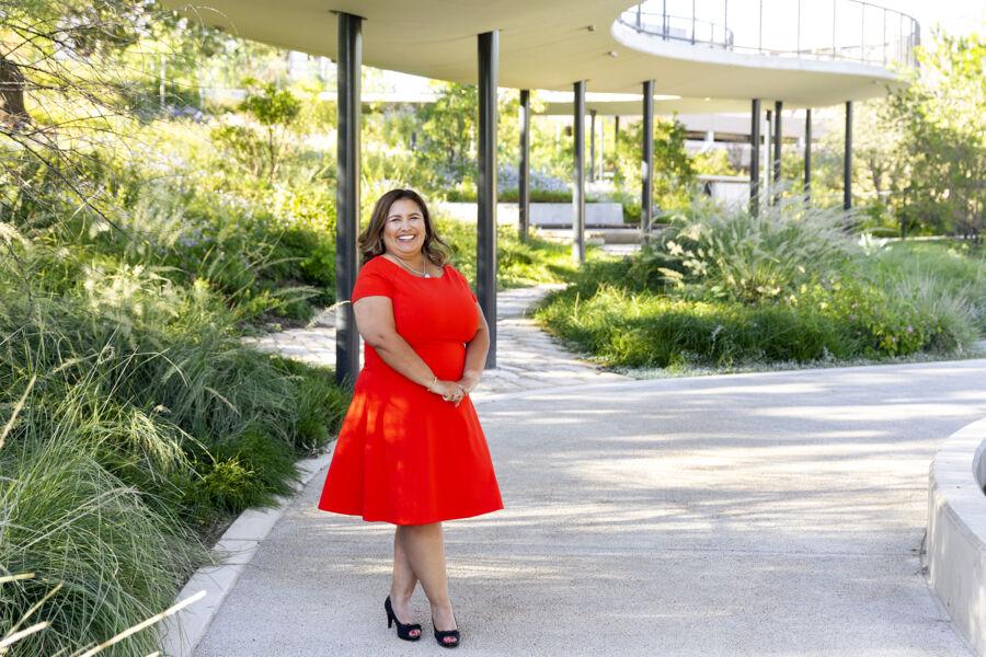 Babra Boeta in a red dress on campus