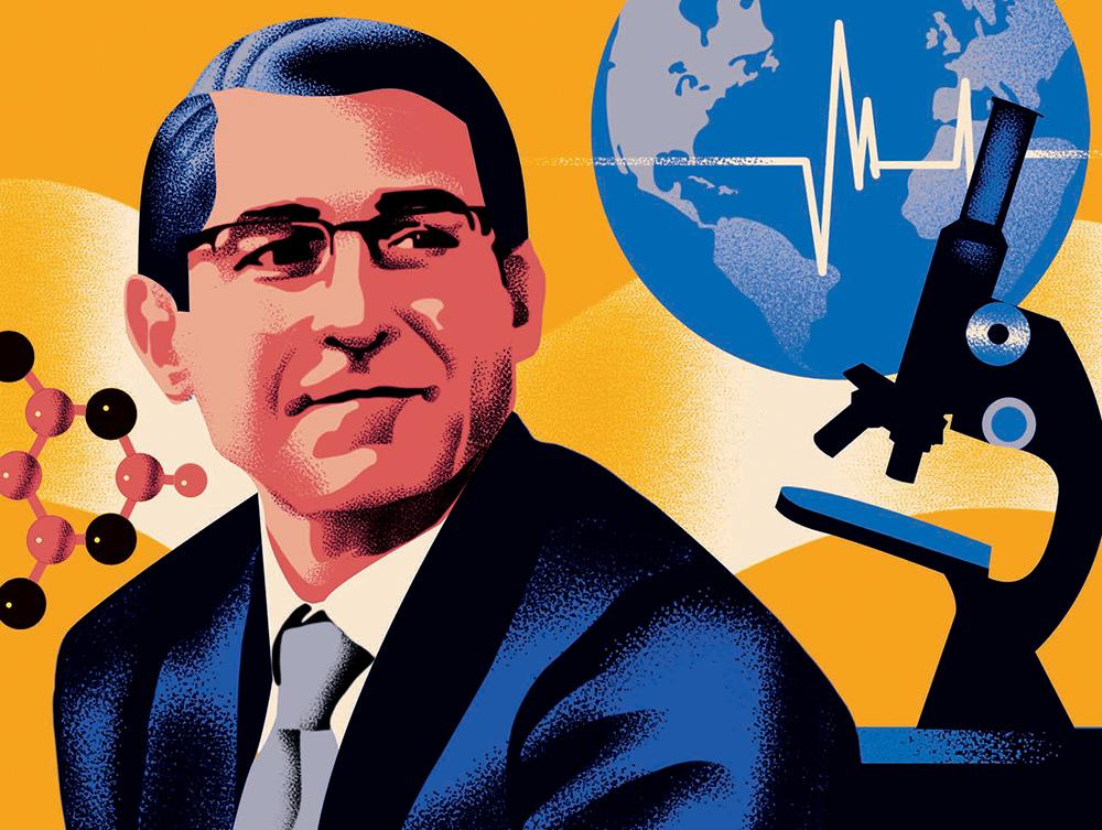 The image is a stylized illustration of a man in a suit and tie with a thoughtful expression. Behind him, there is a globe with a heartbeat line superimposed on it, symbolizing global health or medical research. To the right, there is a microscope, indicating a focus on scientific research. To the left, there are molecular structures, likely representing chemistry or biology. The background features warm colors like orange and yellow.