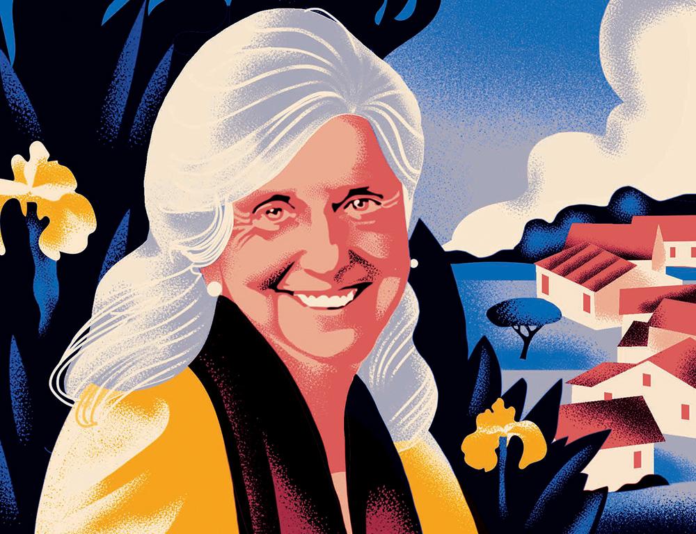 The image is a stylized illustration of an older woman with white hair, smiling warmly. She is depicted wearing a yellow garment, with a scenic background that includes flowers, trees, and a cluster of houses with red roofs. The sky is blue with fluffy white clouds, and the overall scene conveys a serene, picturesque landscape. The use of vibrant colors and smooth gradients adds a cheerful and lively atmosphere to the portrait.