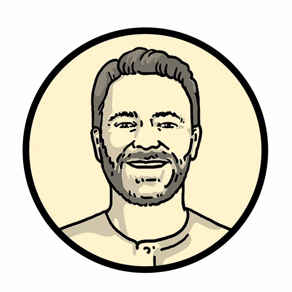 The image is a simple, illustrated portrait within a circular frame. It depicts a smiling man with short hair and a beard. The illustration uses a limited color palette with shades of beige and light brown, giving it a clean and minimalist look. The background is a light beige, and the circle's border is black, which helps to define the portrait. The man's expression is friendly and approachable, adding a positive and welcoming feel to the image.