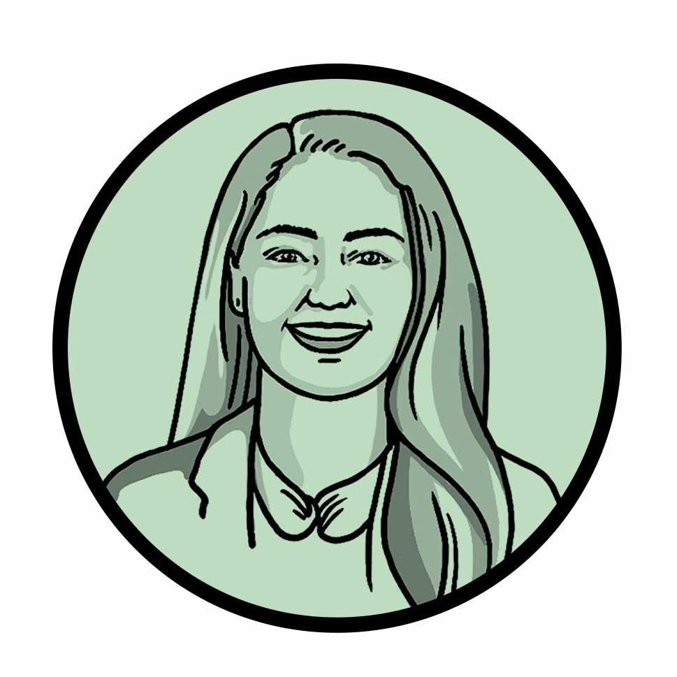 The image is an illustrated portrait of a woman within a circular frame. She has long hair and is smiling, wearing a collared shirt or blouse and possibly a jacket. The illustration uses shades of green, with a light green background. The circular frame has a black border, giving it a defined and clean look. The style is minimalist and professional, conveying a friendly and approachable demeanor.