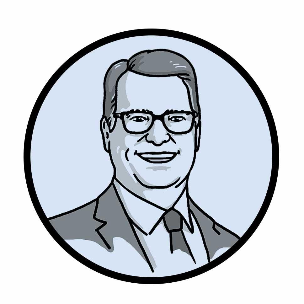 The image is an illustrated portrait of a man within a circular frame. He is smiling and wearing glasses, a suit, and a tie. The illustration uses shades of blue and grey, with a light blue background. The circular frame has a black border, giving the portrait a clean and defined appearance. The overall style is minimalist and professional, conveying a friendly and approachable demeanor.