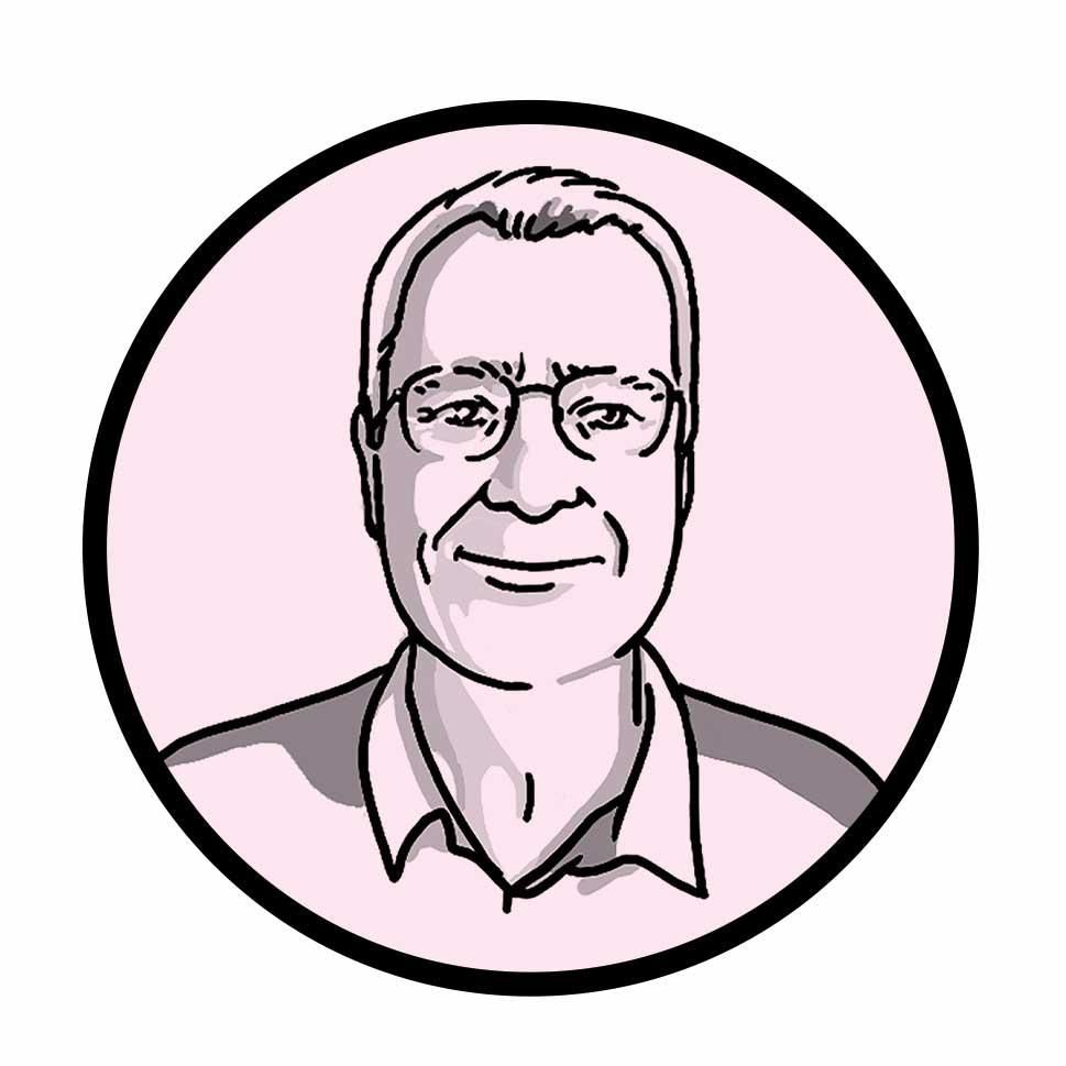 The image is an illustrated portrait of an older man within a circular frame. He has short hair and is wearing glasses, with a friendly smile on his face. The illustration is done in shades of pink and light grey, with a light pink background. The circular frame has a black border that defines the portrait. The overall style is minimalist and clean, giving the illustration a professional yet approachable look.