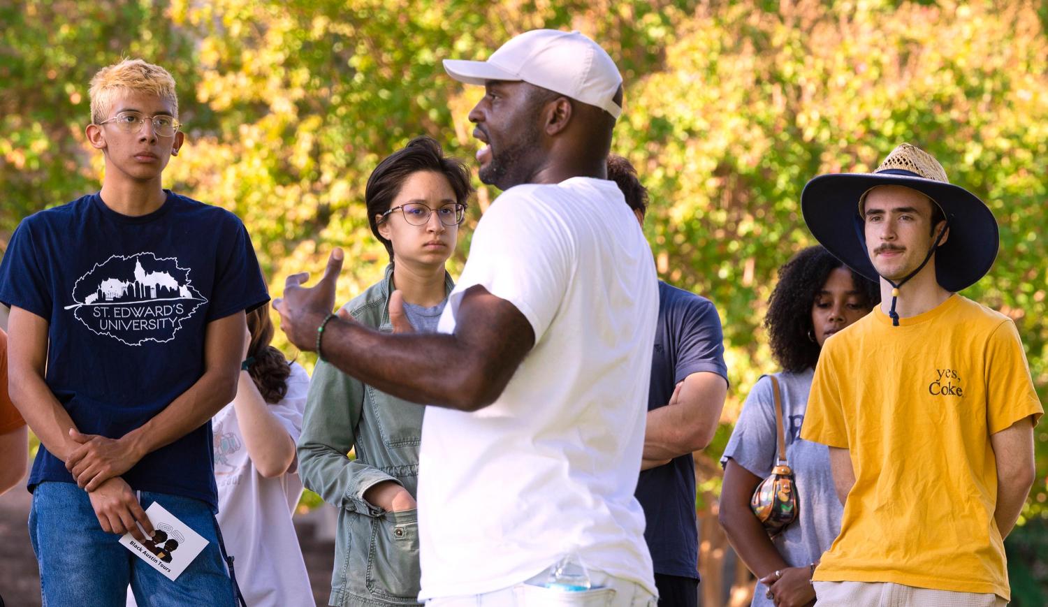 Javier Wallace leading the Black Austin Tour at Wooldridge Square