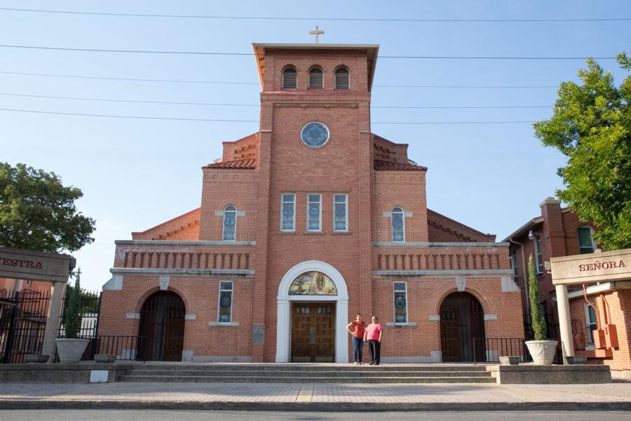 Victoria Rodriguez and her mother outside of their church.