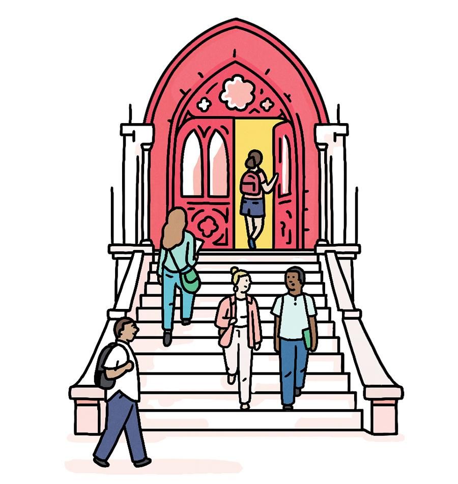 An illustration of people walking up and down the steps of Main Building in front of the red doors.