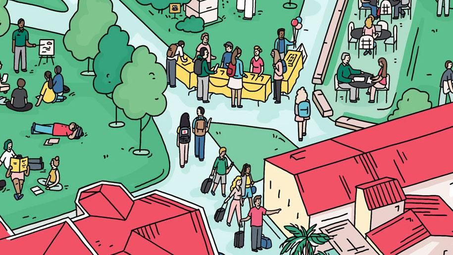 An illustration of an aerial view of campus with people tabling and people sitting and walking around Ragsdale Patio.