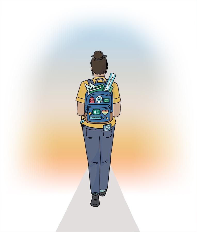 An illustration of a student walking with a backpack.