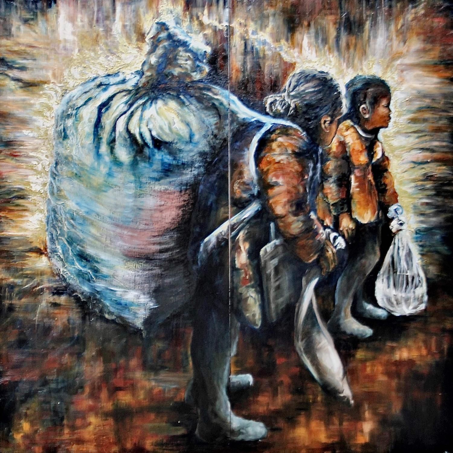 A painting of two Chinese fisherwomen, holding bags of fish