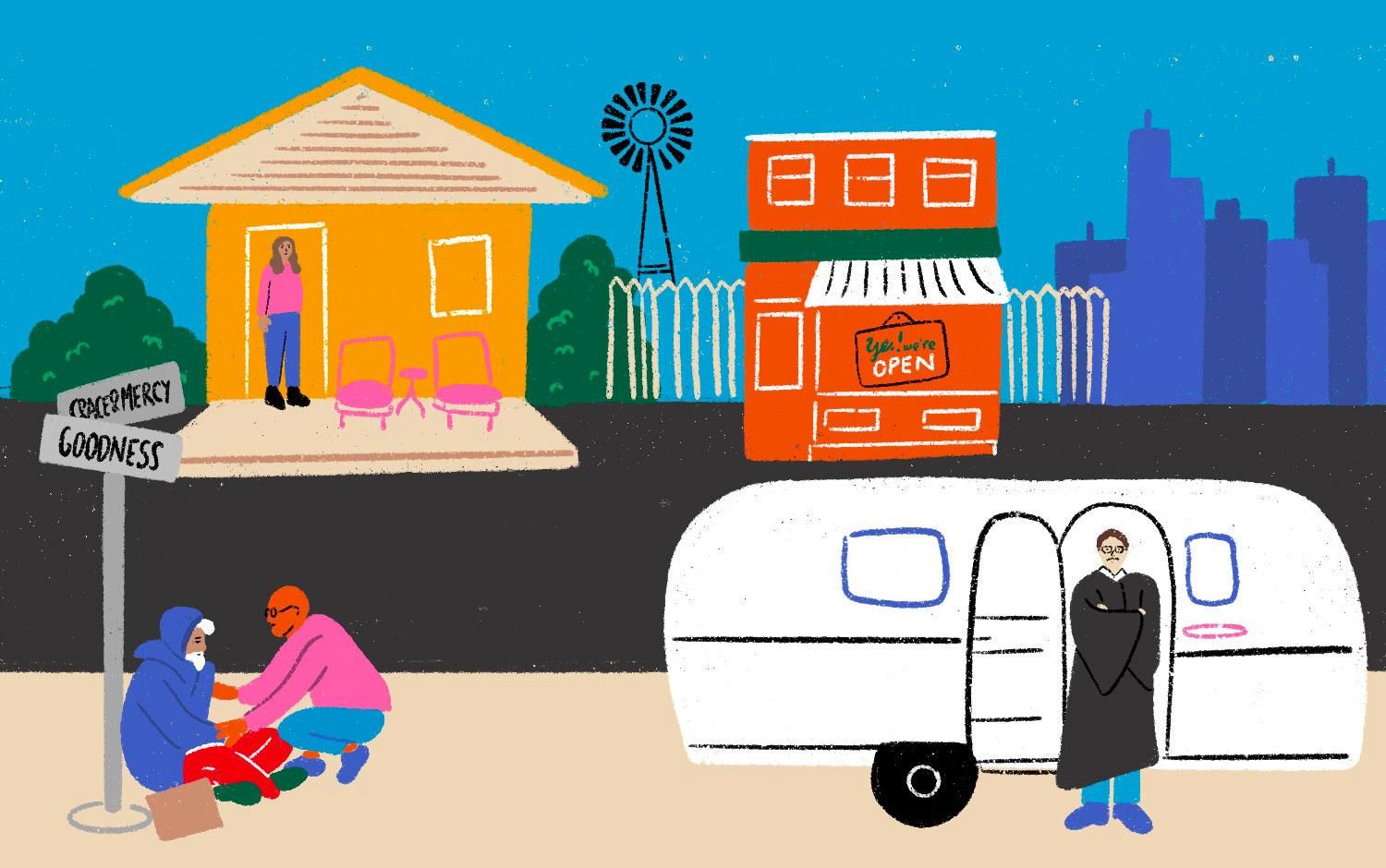 illustration of downtown street, buildings, and food truck