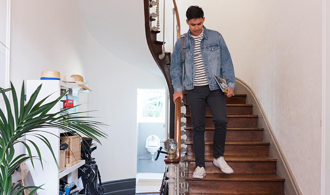 stephen walking down the stairs