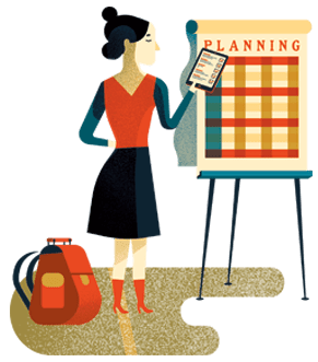 Digital drawing of a woman planning. 